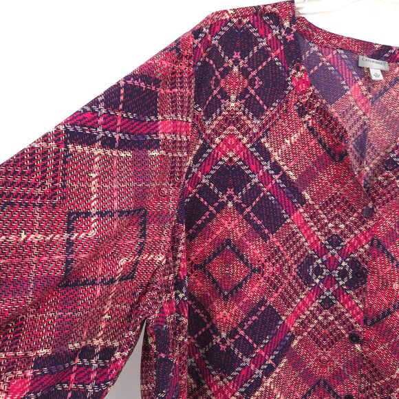 Catherines button up tunic top Plus Size 5X red purple print 3/4 sleeves V-neck - Picture 2 of 10